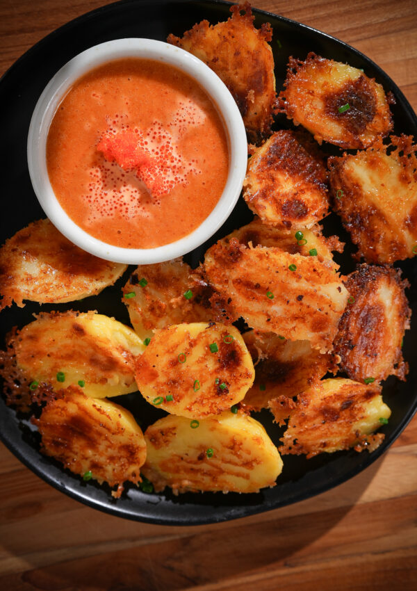 Parmesan Crusted Potatoes with Tobiko Gochujang Dip