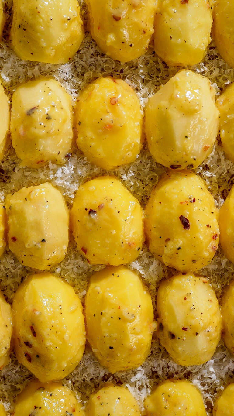 Parmesan Crusted Potatoes with Tobiko Gochujang Dip - Chasing Cravings